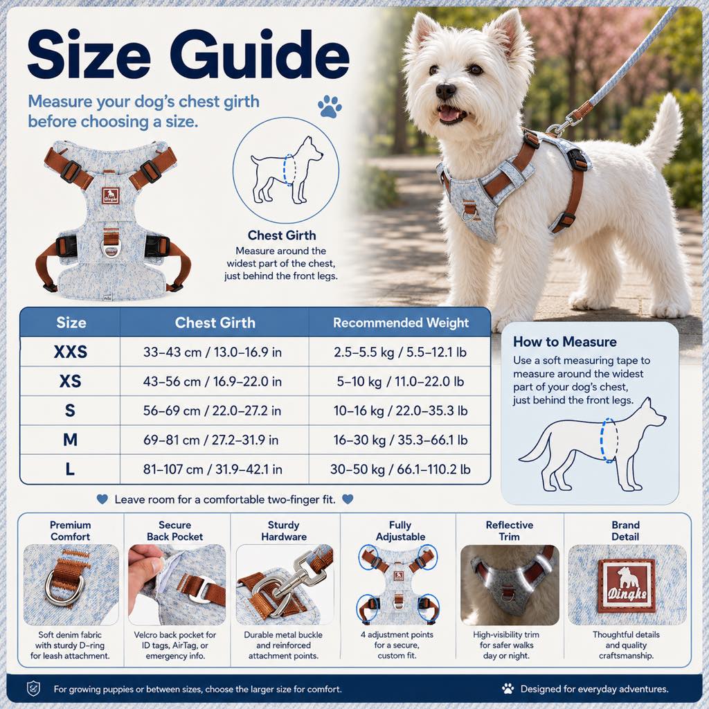 Vintage Denim No-Pull Dog Harness &5 ft Rope Leash Set - Soft Adjustable Vest for Everyday Walks, Better Control & Low-Light Visibility