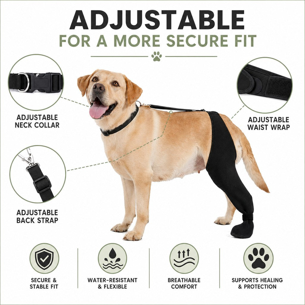 Adjustable Dog Rear Leg Recovery Sleeve with Paw Cover - Helps Limit Licking During Post-Surgery Rest