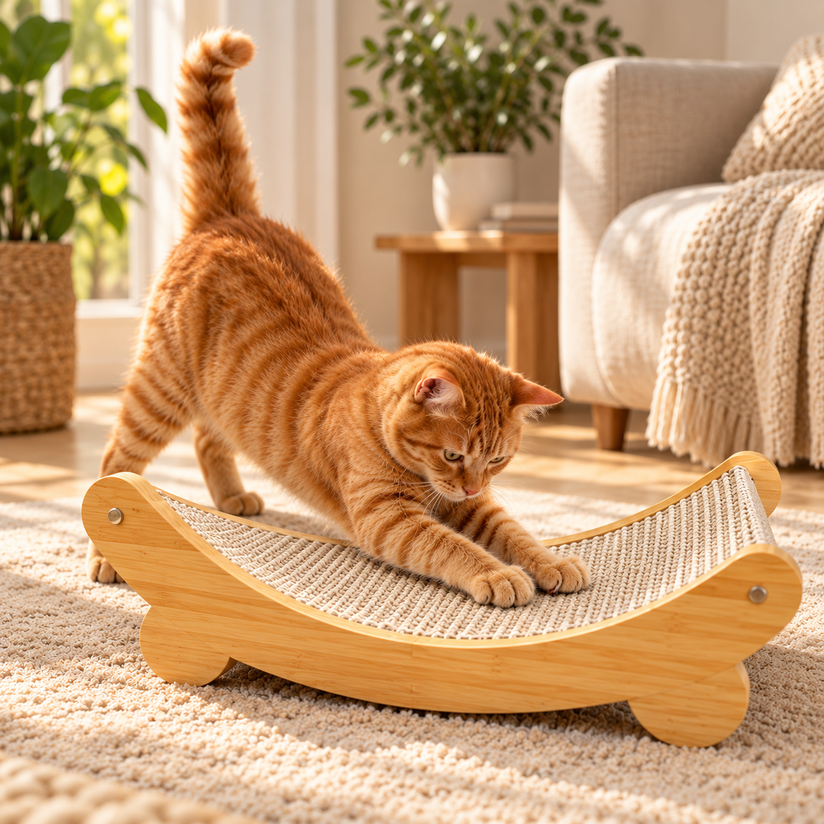 Wooden Cat Scratcher Bed for Indoor Cats Curved Sisal Scratch Pad & Lounge Hammock for Kittens & Cats