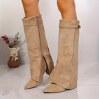 Apricot Fold Cuff Knee High Boots with Side Split