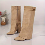 Apricot Fold Cuff Knee High Boots with Side Split
