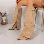 Apricot Fold Cuff Knee High Boots with Side Split