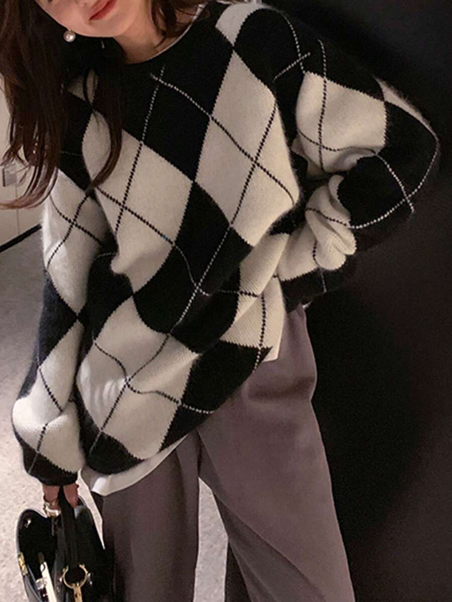 Argyle Crew Neck Drop Shoulder Jumper