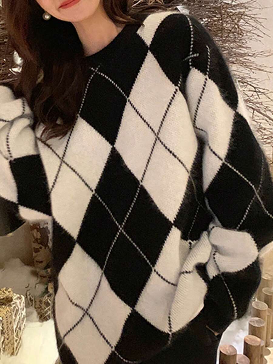Argyle Crew Neck Drop Shoulder Jumper