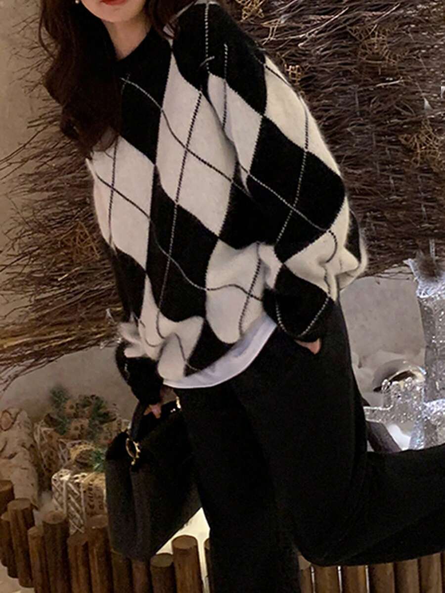 Argyle Crew Neck Drop Shoulder Jumper