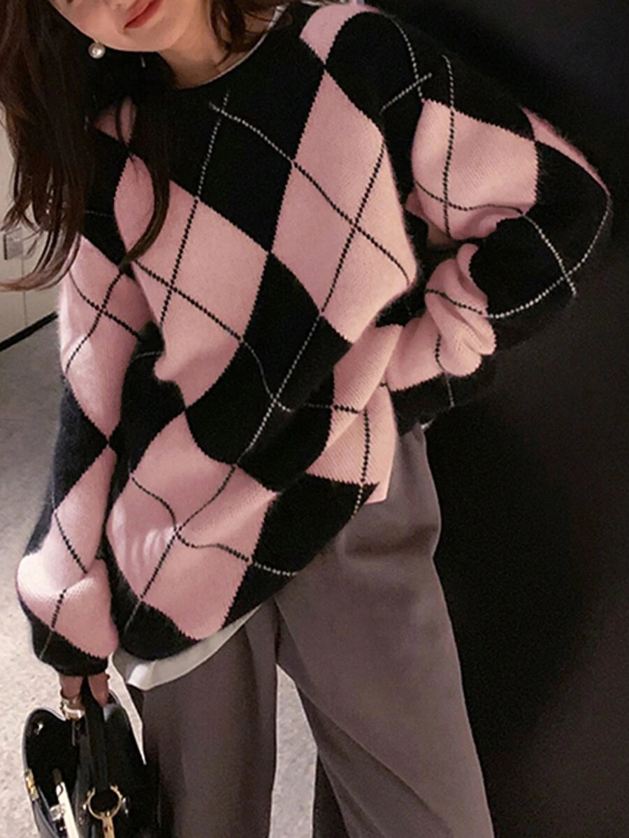 Argyle Crew Neck Drop Shoulder Jumper