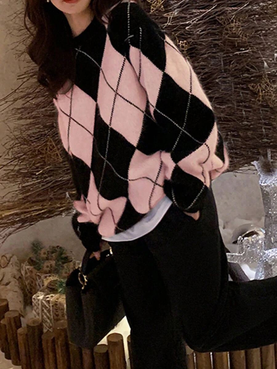 Argyle Crew Neck Drop Shoulder Jumper