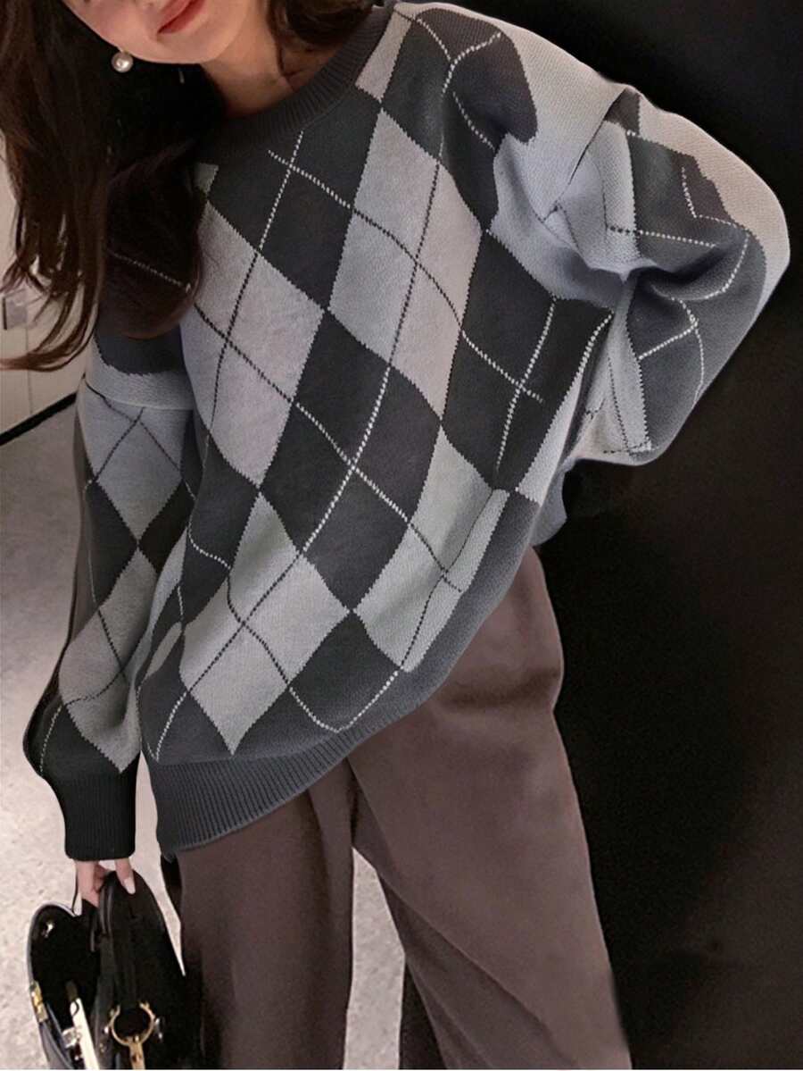 Argyle Crew Neck Drop Shoulder Jumper