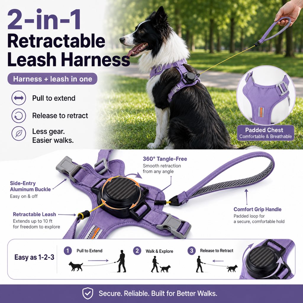 2-in-1 Retractable Dog Harness for Daily Walks - Built-In Leash Vest with Auto-Stop Control for Small & Medium Dogs