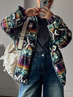 Aztec Print Oversized Teddy Zip-Up Jacket