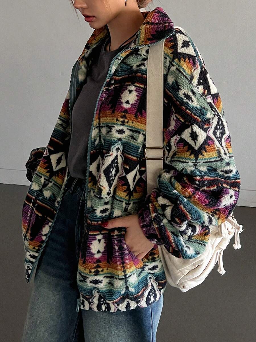 Aztec Print Oversized Teddy Zip-Up Jacket