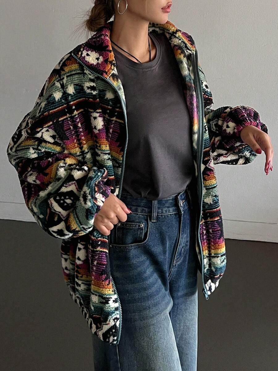 Aztec Print Oversized Teddy Zip-Up Jacket