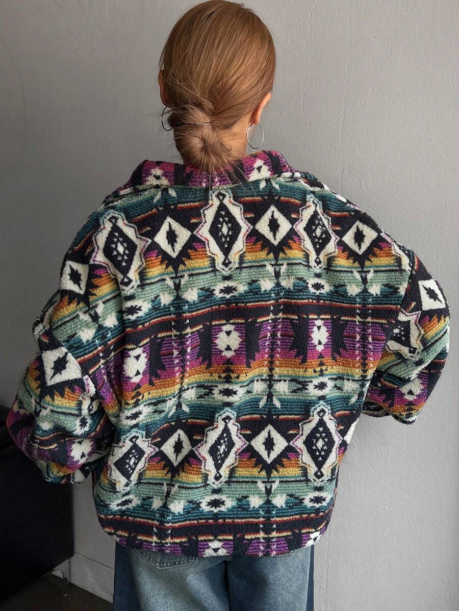 Aztec Print Oversized Teddy Zip-Up Jacket