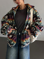 Aztec Print Oversized Teddy Zip-Up Jacket