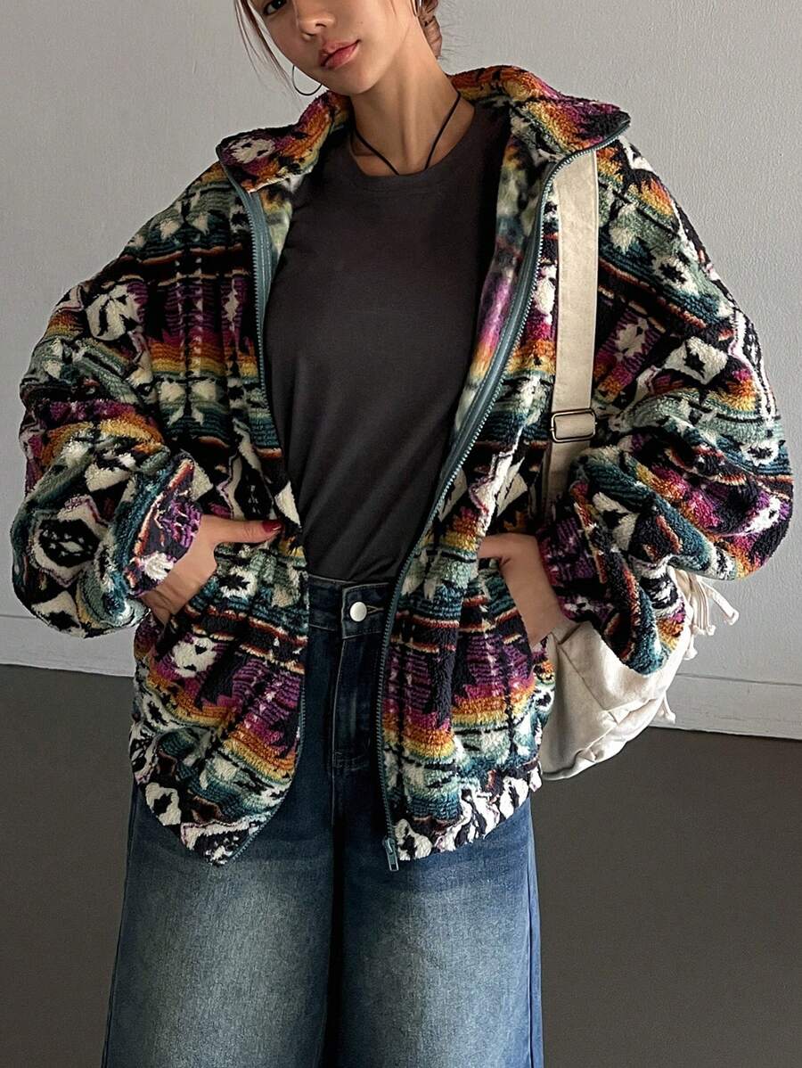 Aztec Print Oversized Teddy Zip-Up Jacket