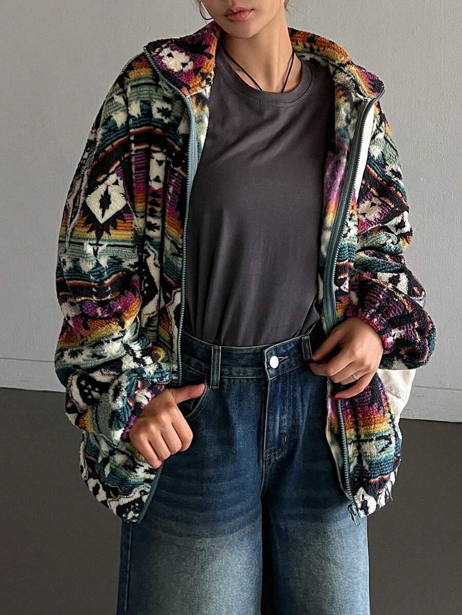 Aztec Print Oversized Teddy Zip-Up Jacket
