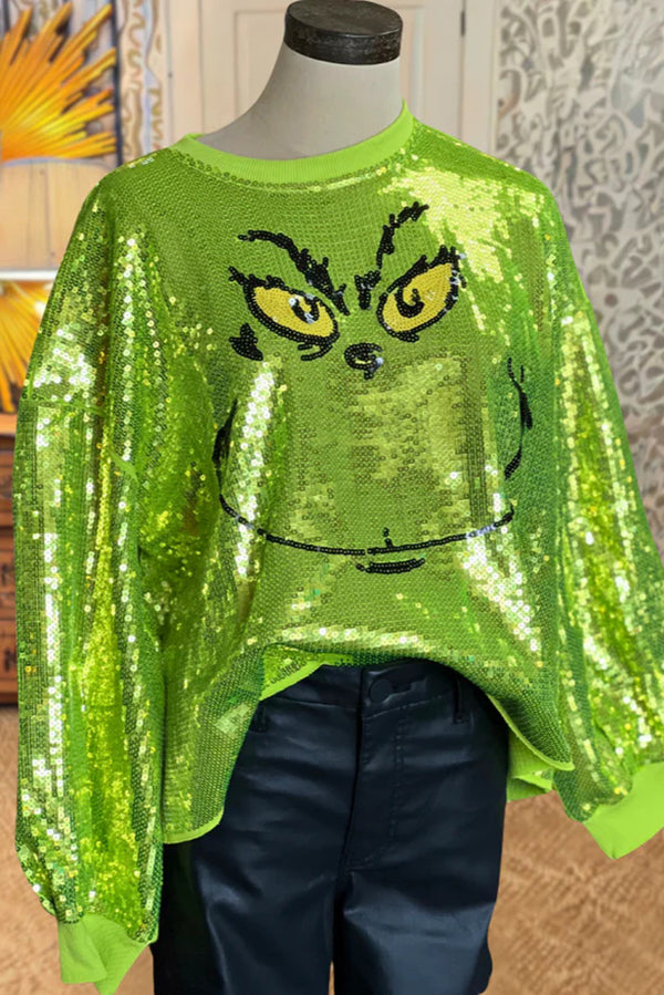 Women's Green Grinch Sequin Jumper, Crew Neck, Long Sleeves