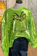 Women's Green Grinch Sequin Jumper, Crew Neck, Long Sleeves