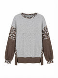Grey and Brown Colorblock Top with Leopard Print Details