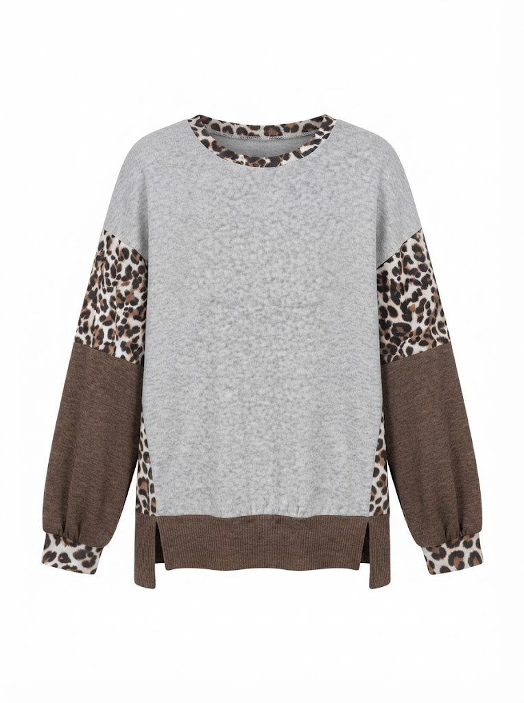 Grey and Brown Colorblock Top with Leopard Print Details