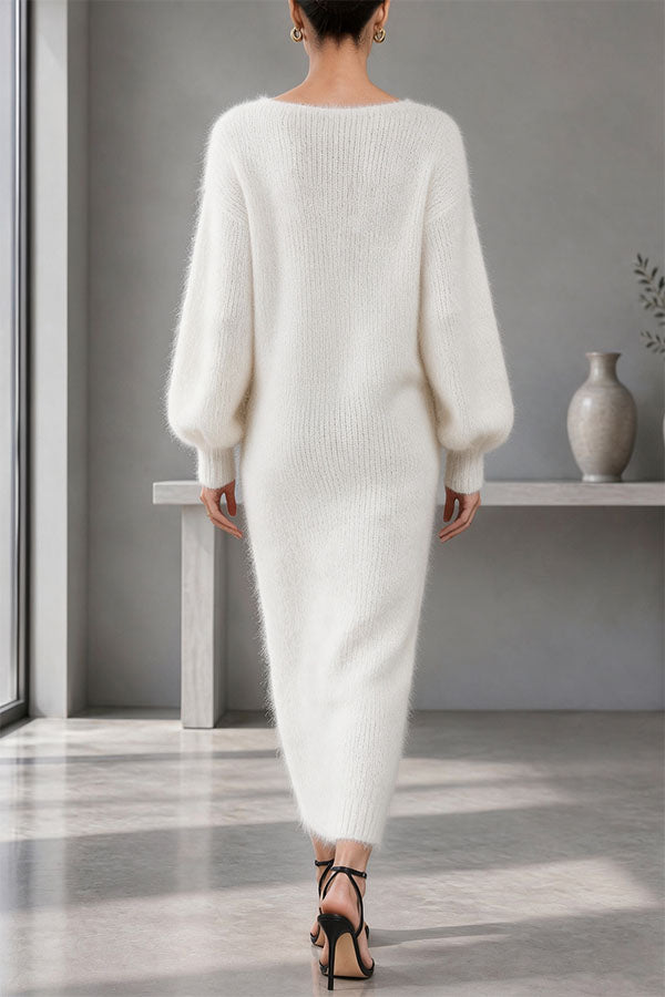 Women's Knit V-Neck Button-Front Midi Dress, Balloon Sleeves
