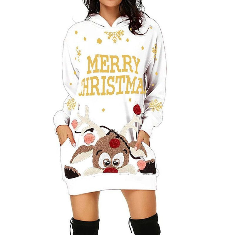 Women's Christmas Hoodie Dress, Reindeer Print, Kangaroo Pocket