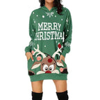 Women's Christmas Hoodie Dress, Reindeer Print, Kangaroo Pocket