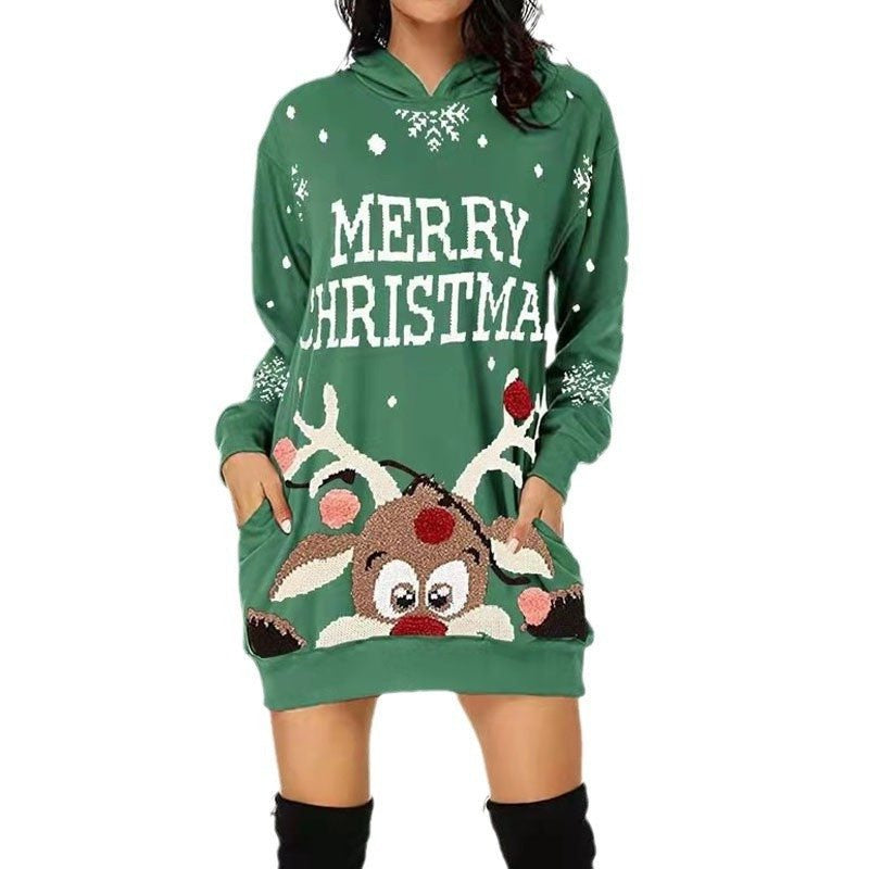 Women's Christmas Hoodie Dress, Reindeer Print, Kangaroo Pocket