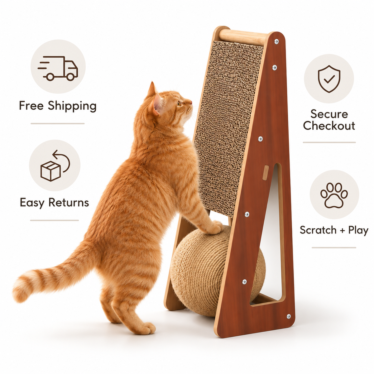 Kitten Scratching Board with Sisal Ball – Wooden Cat Scratcher for Indoor Cats, 2-in-1 Vertical & Flat Scratch Ramp