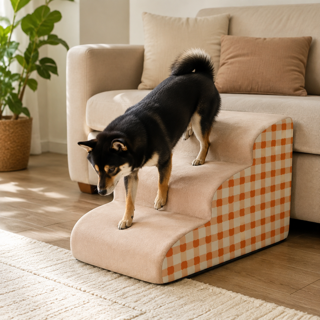 Dog Stairs for Bed & Couch - 2/3-Step Curved High-Density Foam Dog Steps with Non-Slip Bottom & Washable Cover for Small Dogs, Senior Pets & Cats