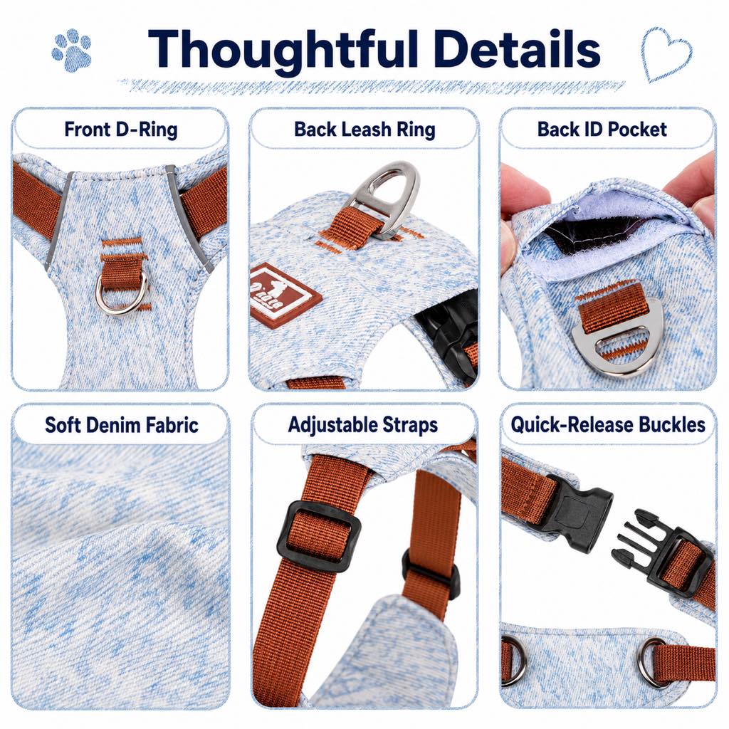 Vintage Denim No-Pull Dog Harness &5 ft Rope Leash Set - Soft Adjustable Vest for Everyday Walks, Better Control & Low-Light Visibility