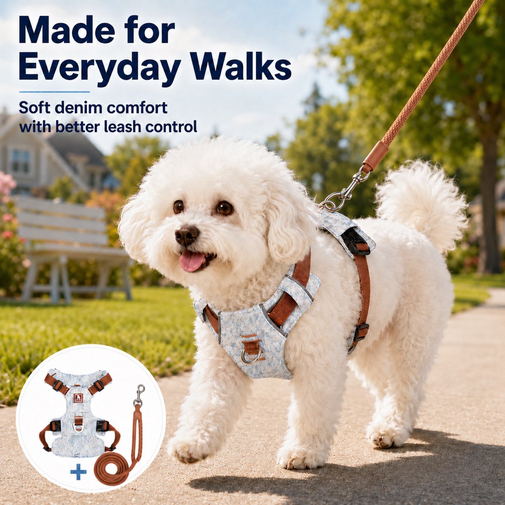 Vintage Denim No-Pull Dog Harness &5 ft Rope Leash Set - Soft Adjustable Vest for Everyday Walks, Better Control & Low-Light Visibility