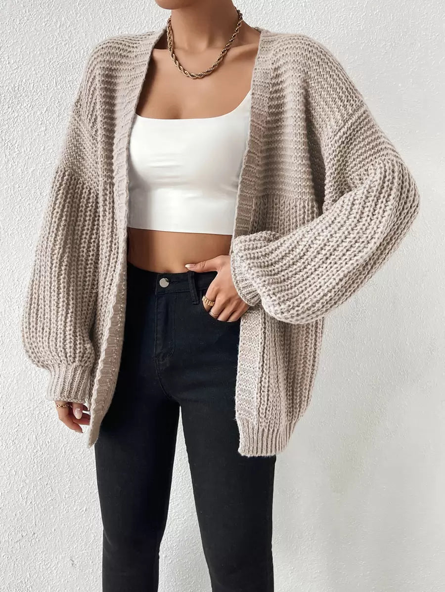 Balloon Sleeve Chunky Rib Open Front Cardigan