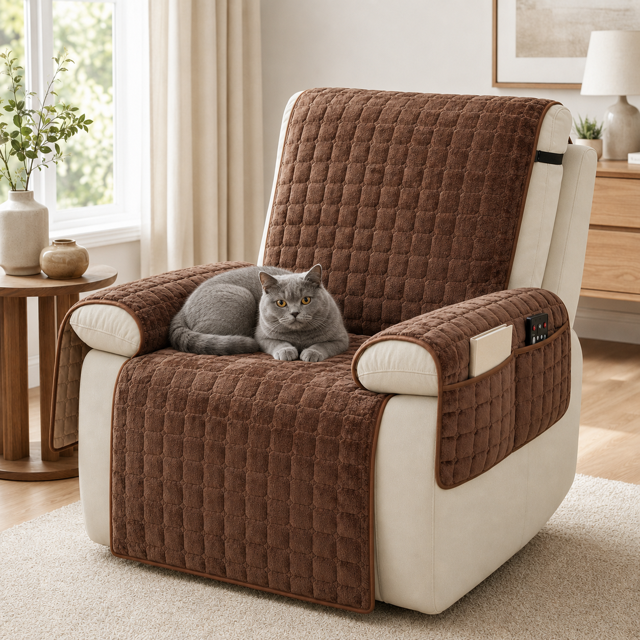 Quilted Recliner Chair Cover – Non-Slip Washable Furniture Protector with Side Pocket
