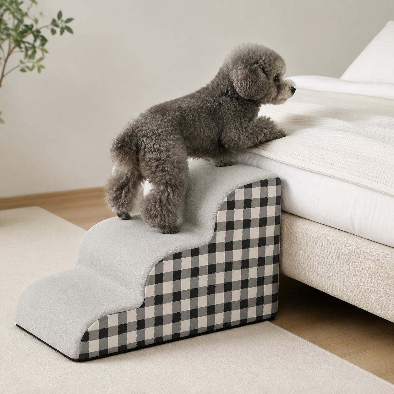 Dog Stairs for Bed & Couch - 2/3-Step Curved High-Density Foam Dog Steps with Non-Slip Bottom & Washable Cover for Small Dogs, Senior Pets & Cats