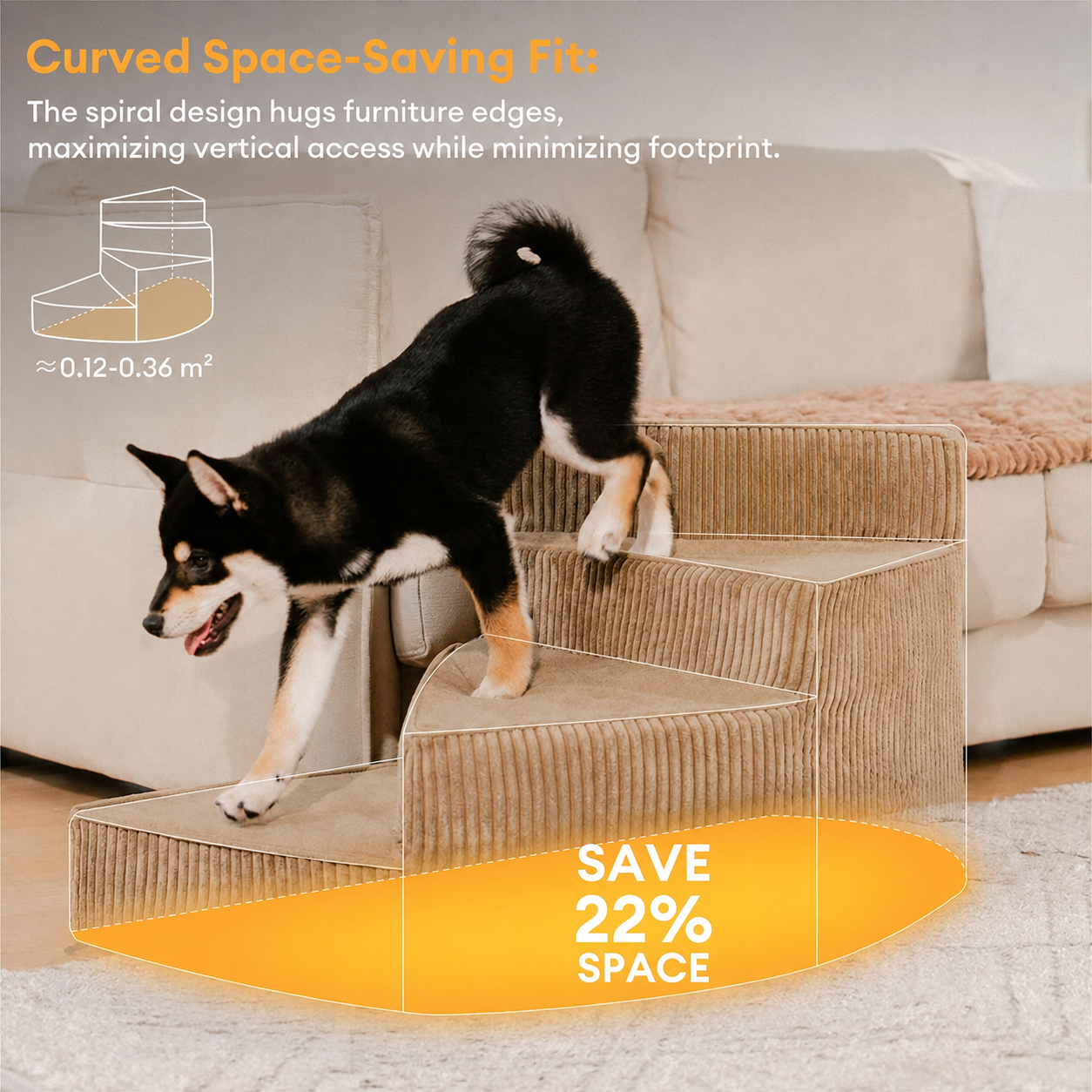 Spiral Dog Stairs for Bed – Corduroy Corner Steps That Hug the Furniture