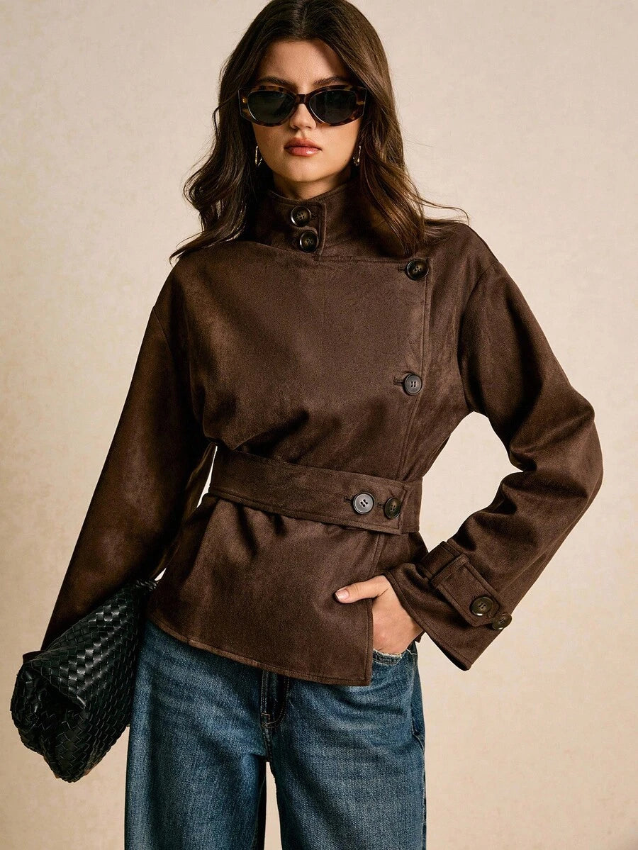 Belted Peplum Jacket with Asymmetric Placket