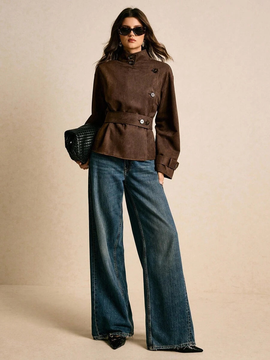 Belted Peplum Jacket with Asymmetric Placket