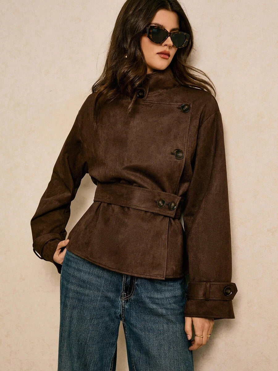 Belted Peplum Jacket with Asymmetric Placket