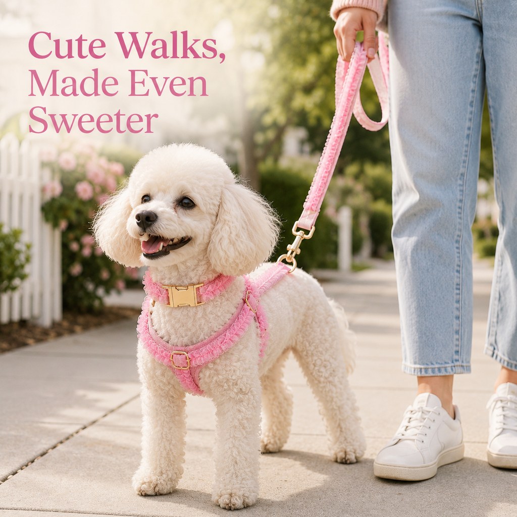 Boutique Lace Dog Harness, Collar & Leash Set for Birthday Photos & Daily Walks - 3-Piece Ruffle Walking Set