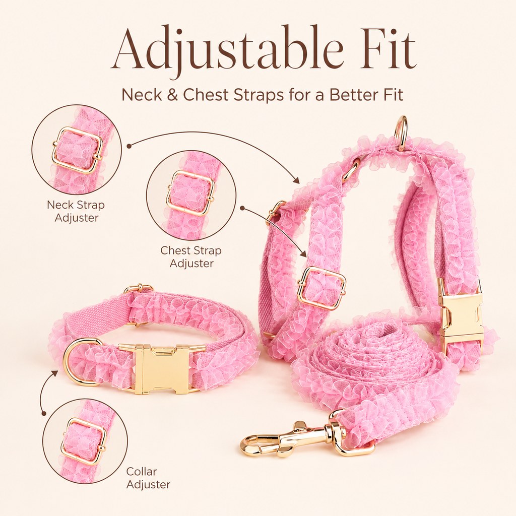 Boutique Lace Dog Harness, Collar & Leash Set for Birthday Photos & Daily Walks - 3-Piece Ruffle Walking Set