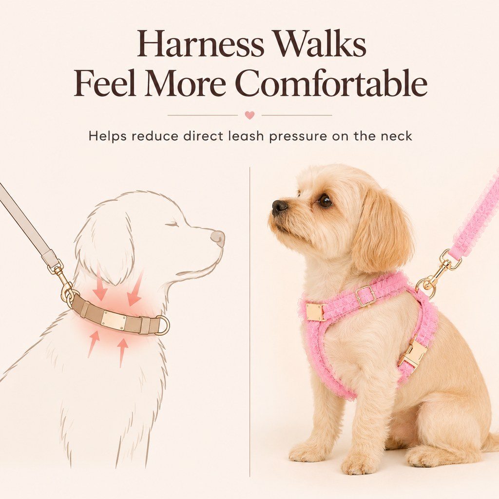 Boutique Lace Dog Harness, Collar & Leash Set for Birthday Photos & Daily Walks - 3-Piece Ruffle Walking Set