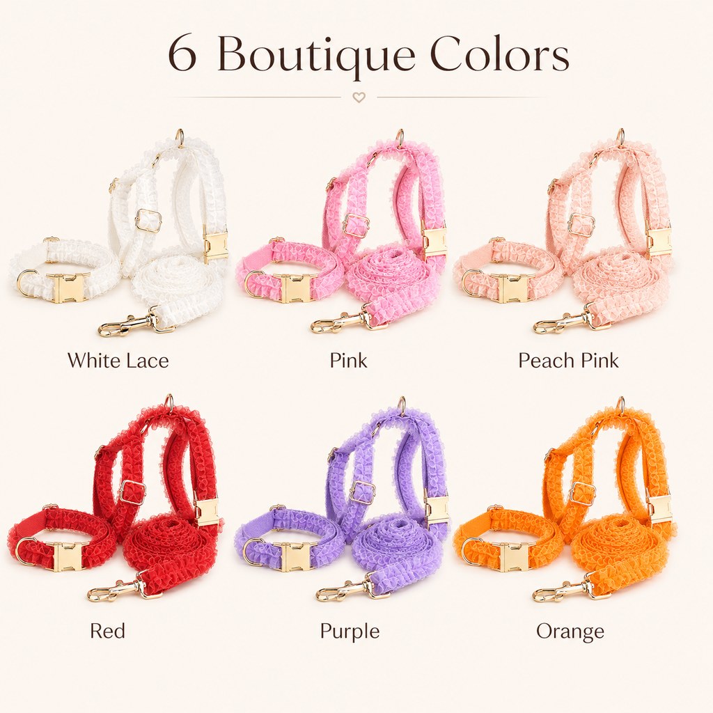 Boutique Lace Dog Harness, Collar & Leash Set for Birthday Photos & Daily Walks - 3-Piece Ruffle Walking Set