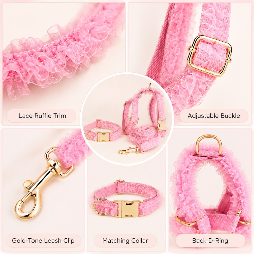 Boutique Lace Dog Harness, Collar & Leash Set for Birthday Photos & Daily Walks - 3-Piece Ruffle Walking Set