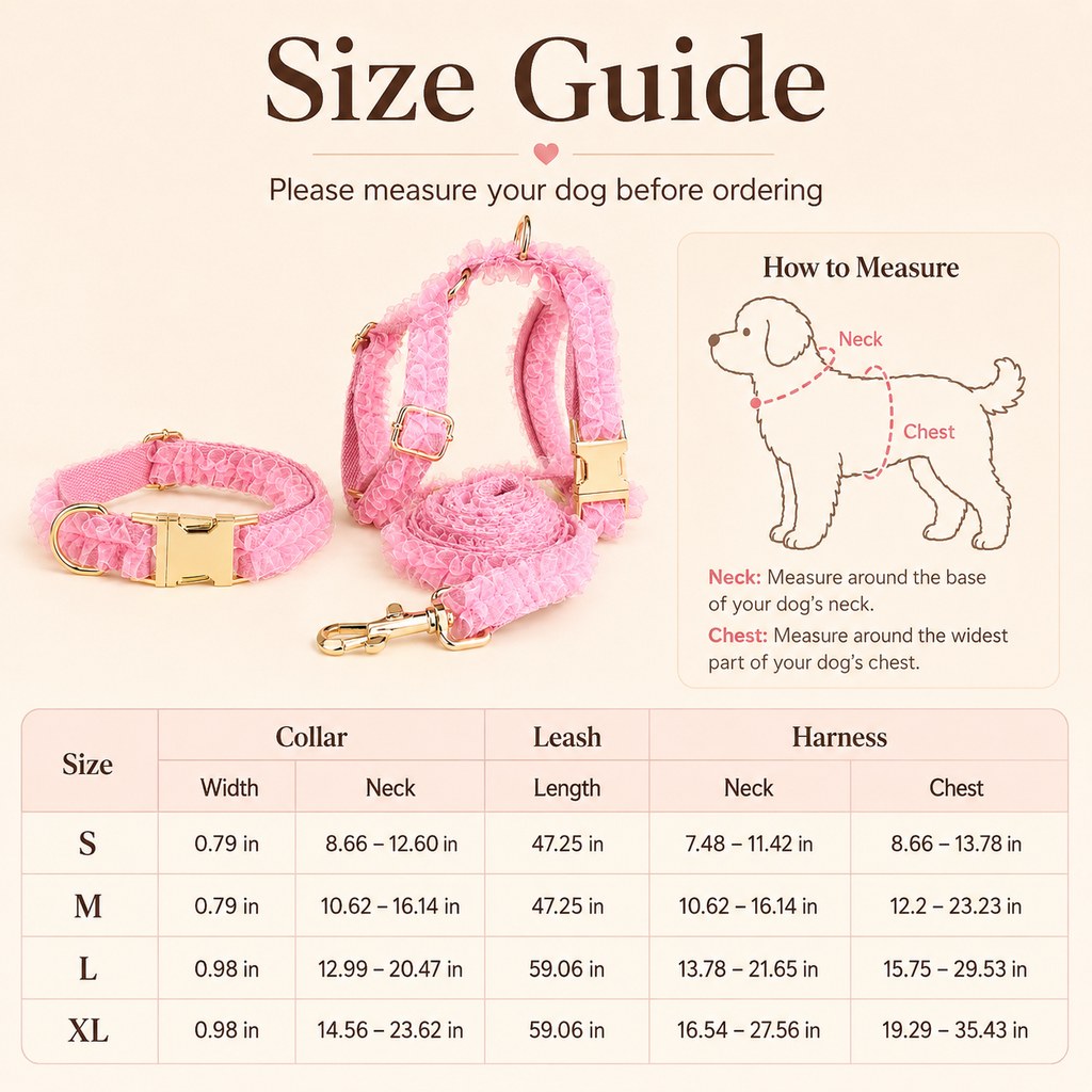 Boutique Lace Dog Harness, Collar & Leash Set for Birthday Photos & Daily Walks - 3-Piece Ruffle Walking Set