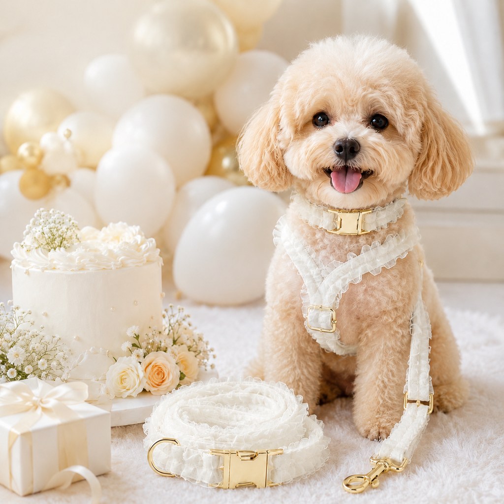Boutique Lace Dog Harness, Collar & Leash Set for Birthday Photos & Daily Walks - 3-Piece Ruffle Walking Set