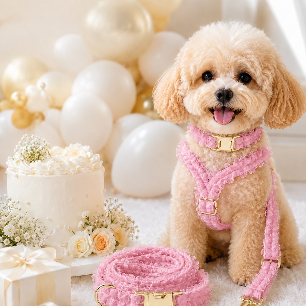 Boutique Lace Dog Harness, Collar & Leash Set for Birthday Photos & Daily Walks - 3-Piece Ruffle Walking Set