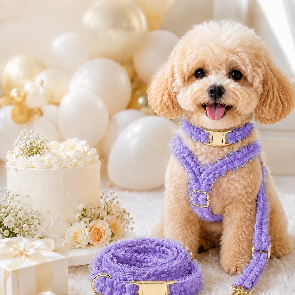 Boutique Lace Dog Harness, Collar & Leash Set for Birthday Photos & Daily Walks - 3-Piece Ruffle Walking Set