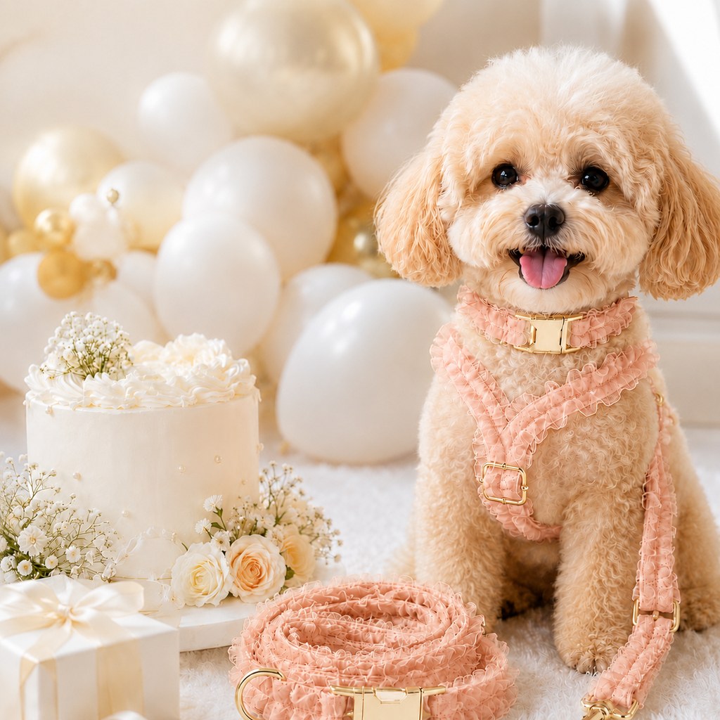 Boutique Lace Dog Harness, Collar & Leash Set for Birthday Photos & Daily Walks - 3-Piece Ruffle Walking Set