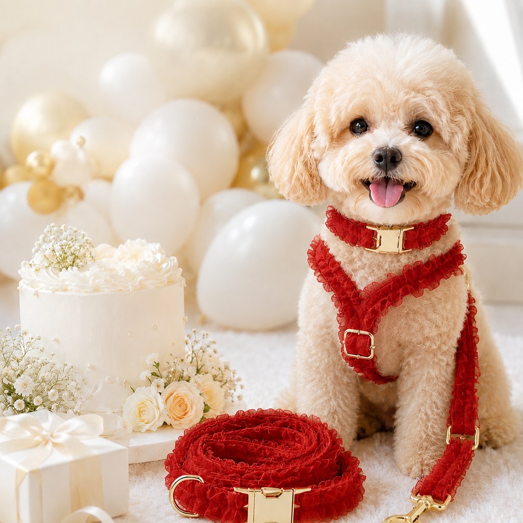 Boutique Lace Dog Harness, Collar & Leash Set for Birthday Photos & Daily Walks - 3-Piece Ruffle Walking Set